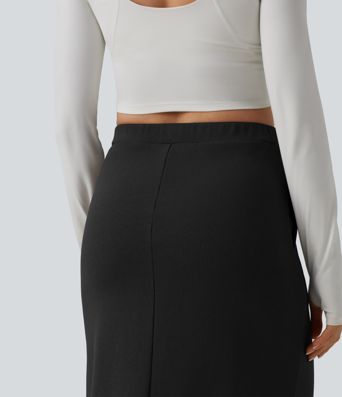 High Waisted French Terry Maxi Casual Cotton Skirt with Pockets