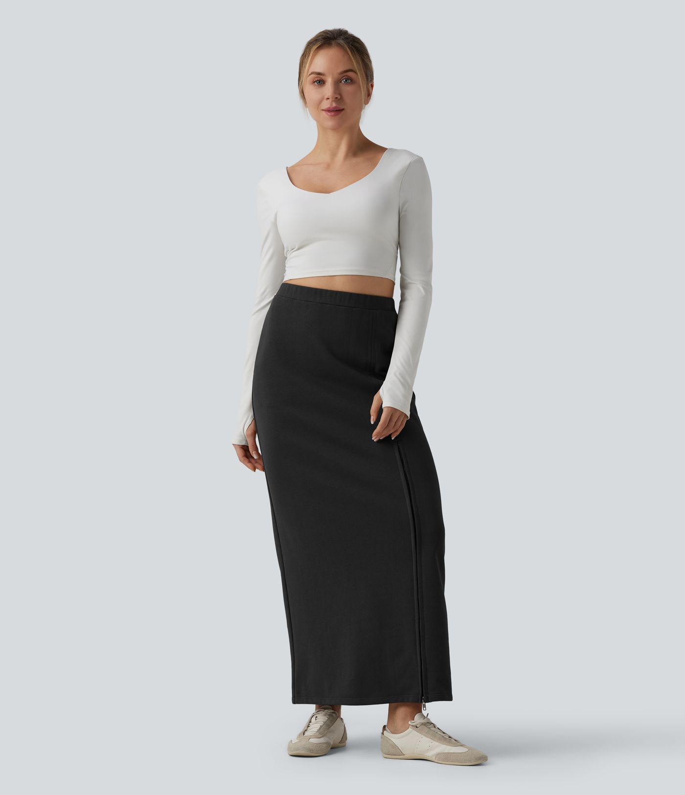 High Waisted French Terry Maxi Casual Cotton Skirt with Pockets