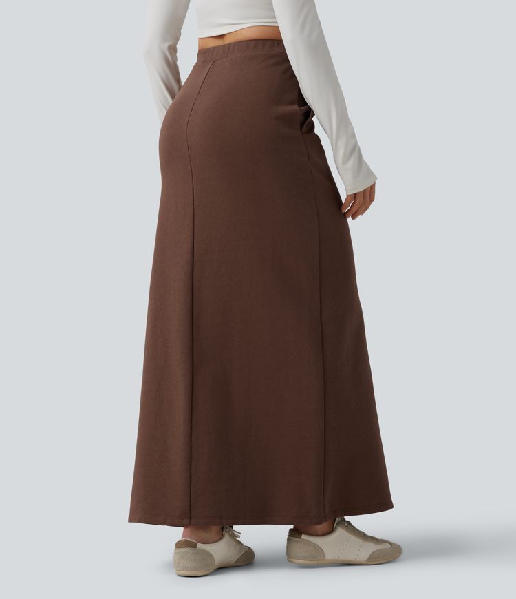 Jupe maxi taille haute en French Terry de coton, style décontracté, avec poches