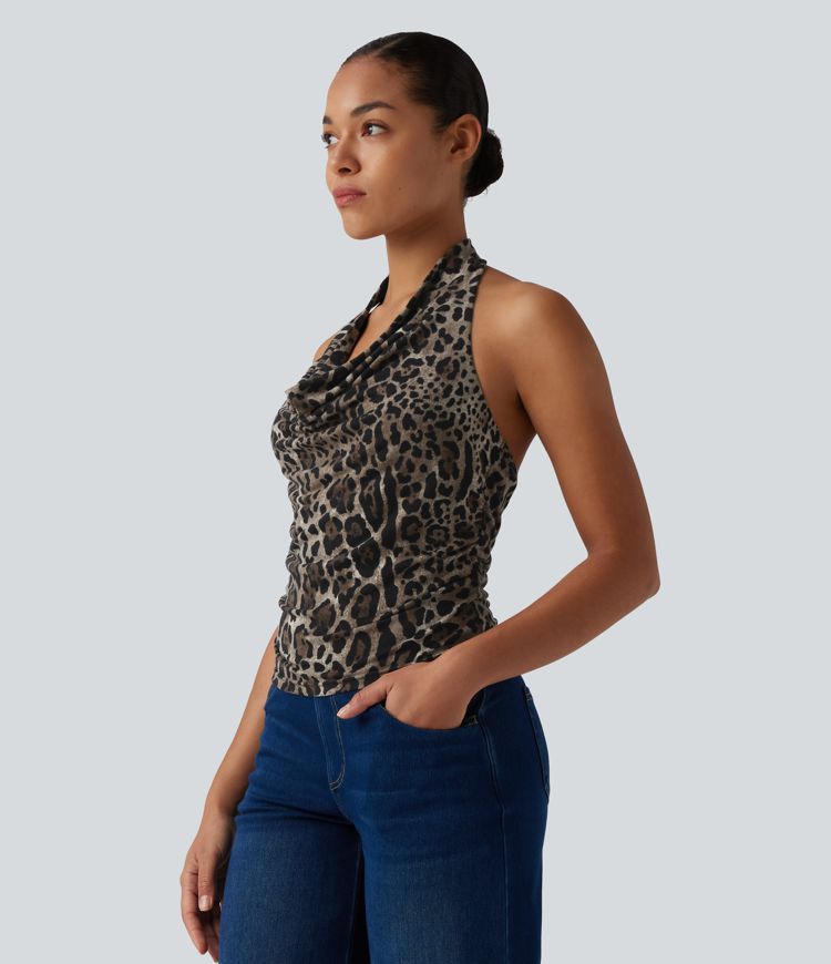 Halter Cowl Neck Ruched Leopard Print Casual Tank Top