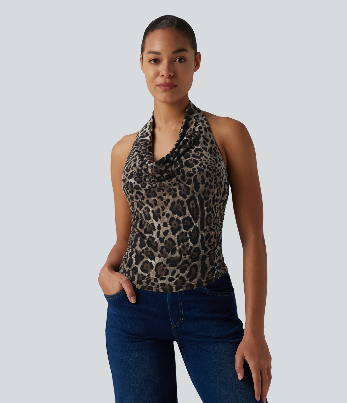Halter Cowl Neck Ruched Leopard Print Casual Tank Top