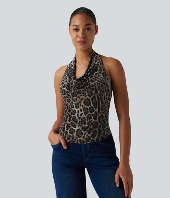 Halter Cowl Neck Ruched Leopard Print Casual Tank Top