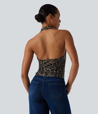 Halter Cowl Neck Ruched Leopard Print Casual Tank Top