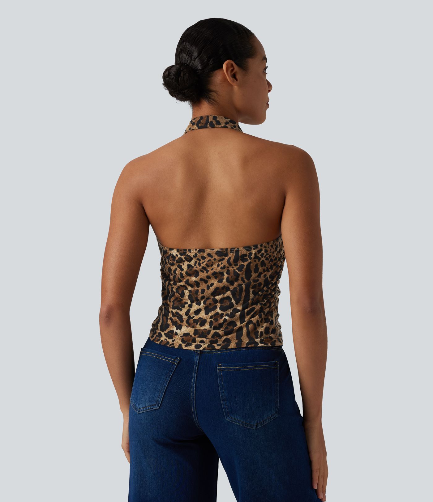 Halter Cowl Neck Ruched Leopard Print Casual Tank Top