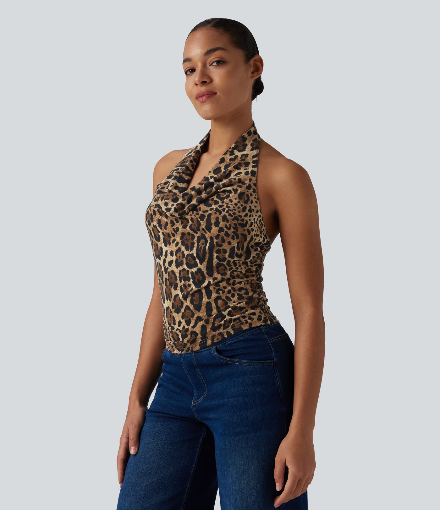 Halter Cowl Neck Ruched Leopard Print Casual Tank Top