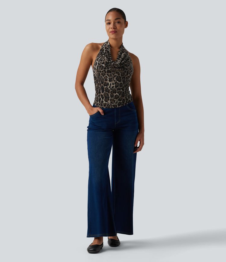 Halter Cowl Neck Ruched Leopard Print Casual Tank Top
