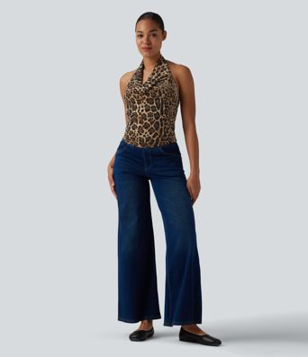 Halter Cowl Neck Ruched Leopard Print Casual Tank Top