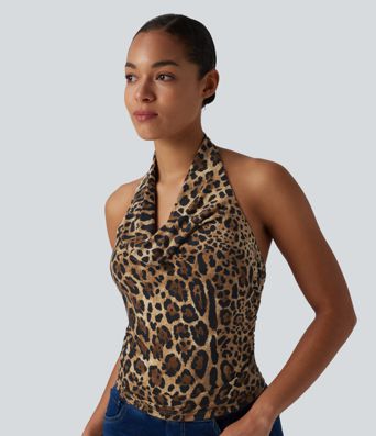 Halter Cowl Neck Ruched Leopard Print Casual Tank Top