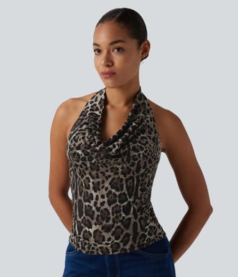 Halter Cowl Neck Ruched Leopard Print Casual Tank Top