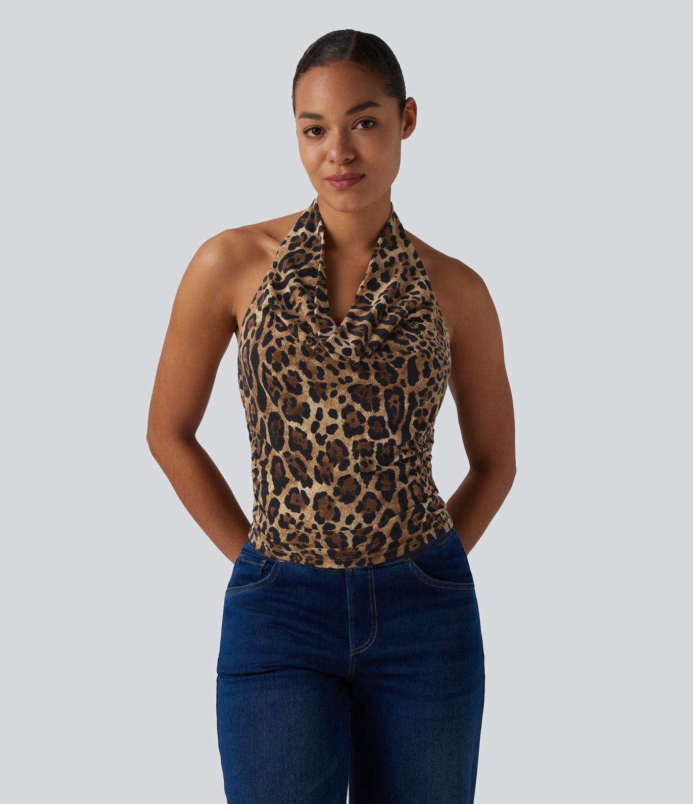 Halter Cowl Neck Ruched Leopard Print Casual Tank Top