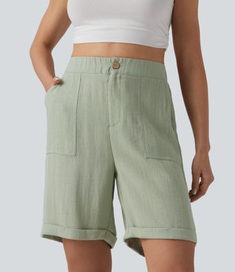 High-Waist-Bermuda-Shorts aus Leinenoptik mit umgeschlagenem Saum und Taschen