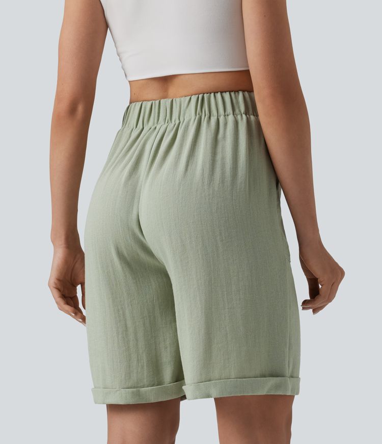 High-Waist-Bermuda-Shorts aus Leinenoptik mit umgeschlagenem Saum und Taschen