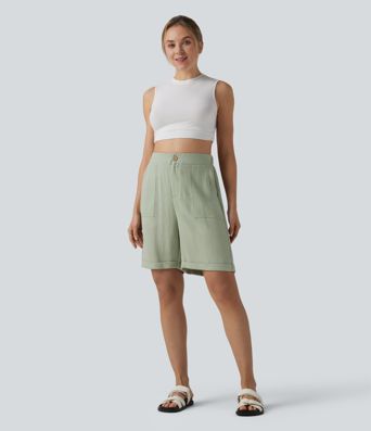 High-Waist-Bermuda-Shorts aus Leinenoptik mit umgeschlagenem Saum und Taschen