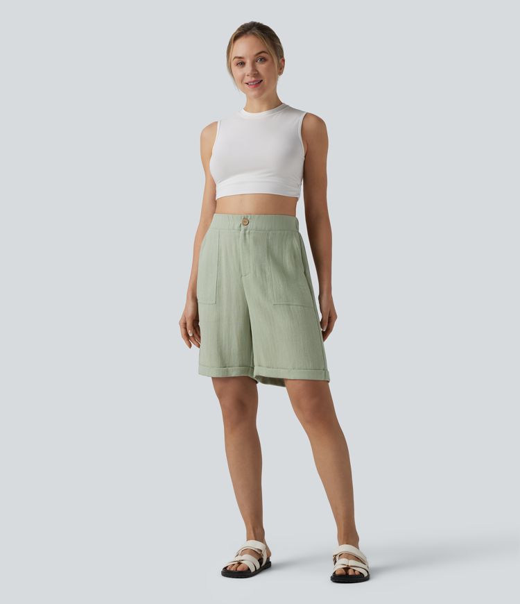 High-Waist-Bermuda-Shorts aus Leinenoptik mit umgeschlagenem Saum und Taschen