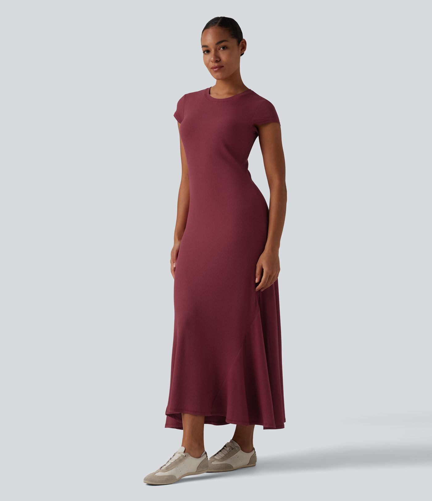 Ribbed Knit Round Neck Short Sleeve Midi Casual Dress