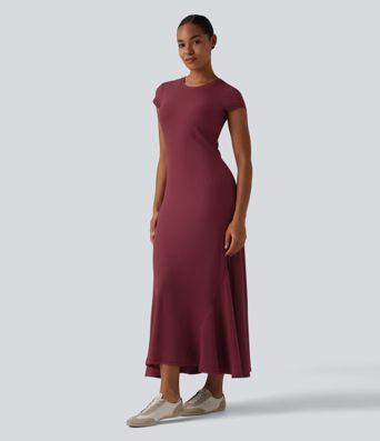 Ribbed Knit Round Neck Short Sleeve Midi Casual Dress