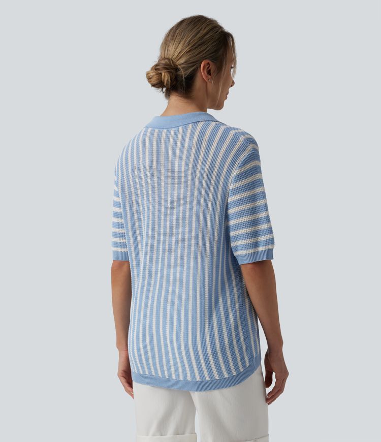 Airy Stripe Short Sleeve Color Block Stripe Casual Sweater / 2