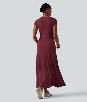 Ribbed Knit Round Neck Short Sleeve Midi Casual Dress