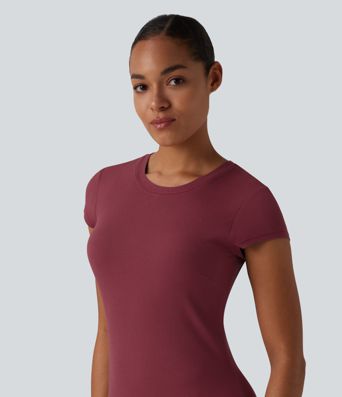 Ribbed Knit Round Neck Short Sleeve Midi Casual Dress