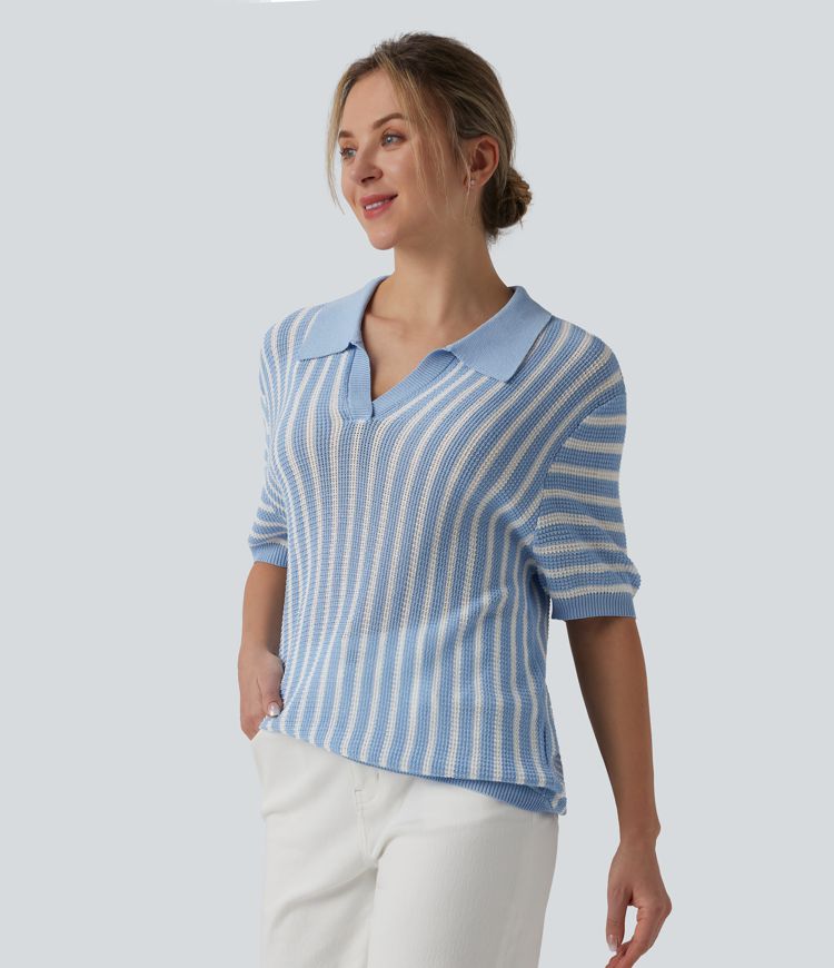 Short Sleeve Color Block Stripe Casual Sweater