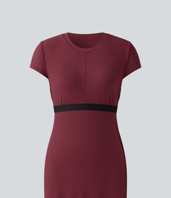 Ribbed Knit Round Neck Short Sleeve Midi Casual Dress