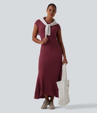 Ribbed Knit Round Neck Short Sleeve Midi Casual Dress