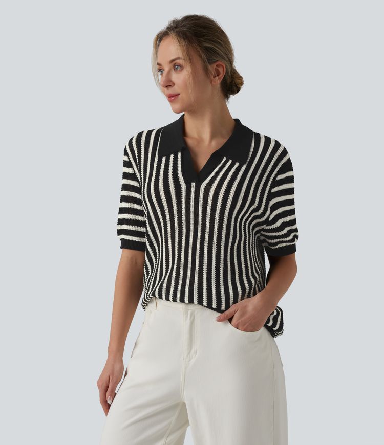 Ležérní svetr s krátkým rukávem a barevným blokovým pruhováním