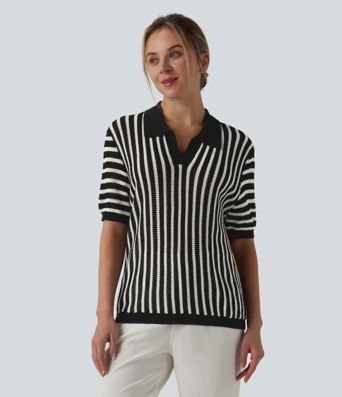 Ležérní svetr s krátkým rukávem a barevným blokovým pruhováním