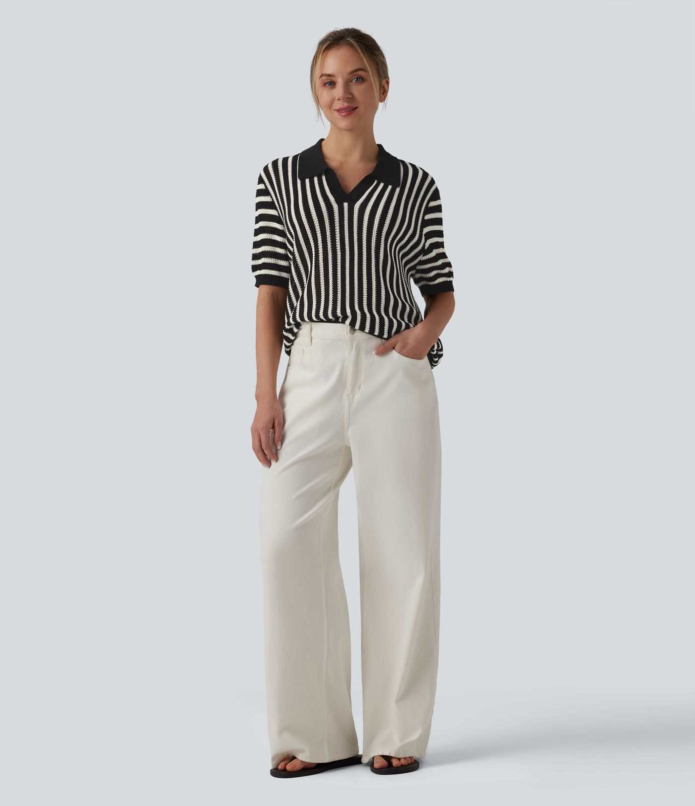 Ležérní svetr s krátkým rukávem a barevným blokovým pruhováním