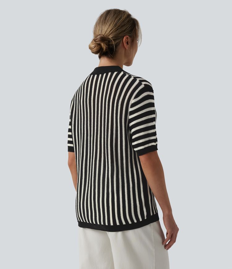 Ležérní svetr s krátkým rukávem a barevným blokovým pruhováním