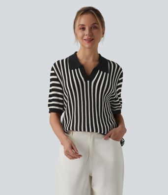 Ležérní svetr s krátkým rukávem a barevným blokovým pruhováním