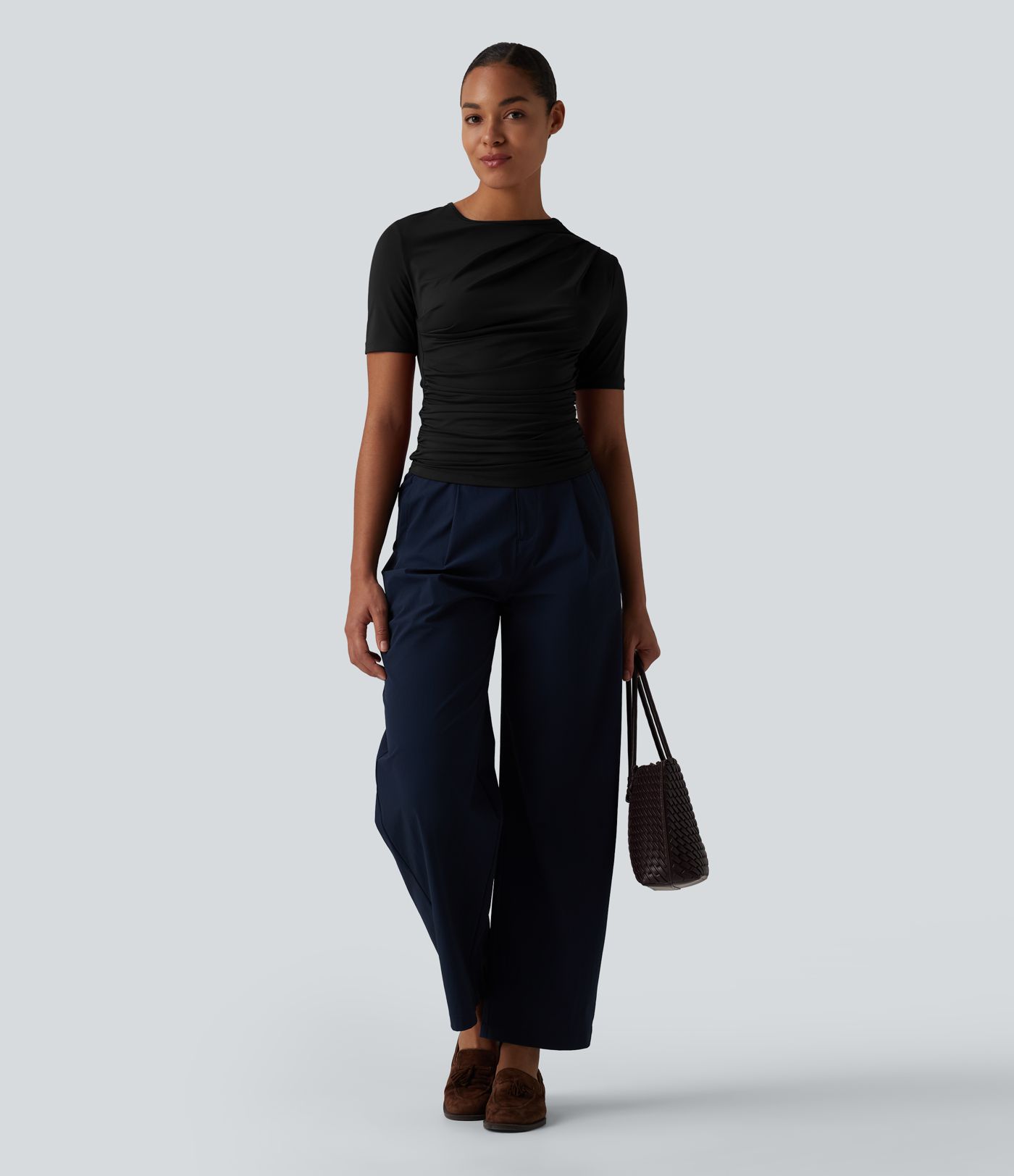 Asymmetric Neck Short Sleeve Ruched Casual T-Shirt