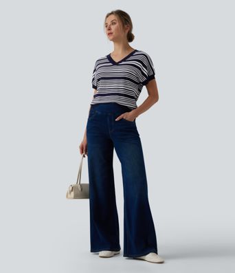 V-nyakú, rövid ujjú, csíkos mindennapi póló