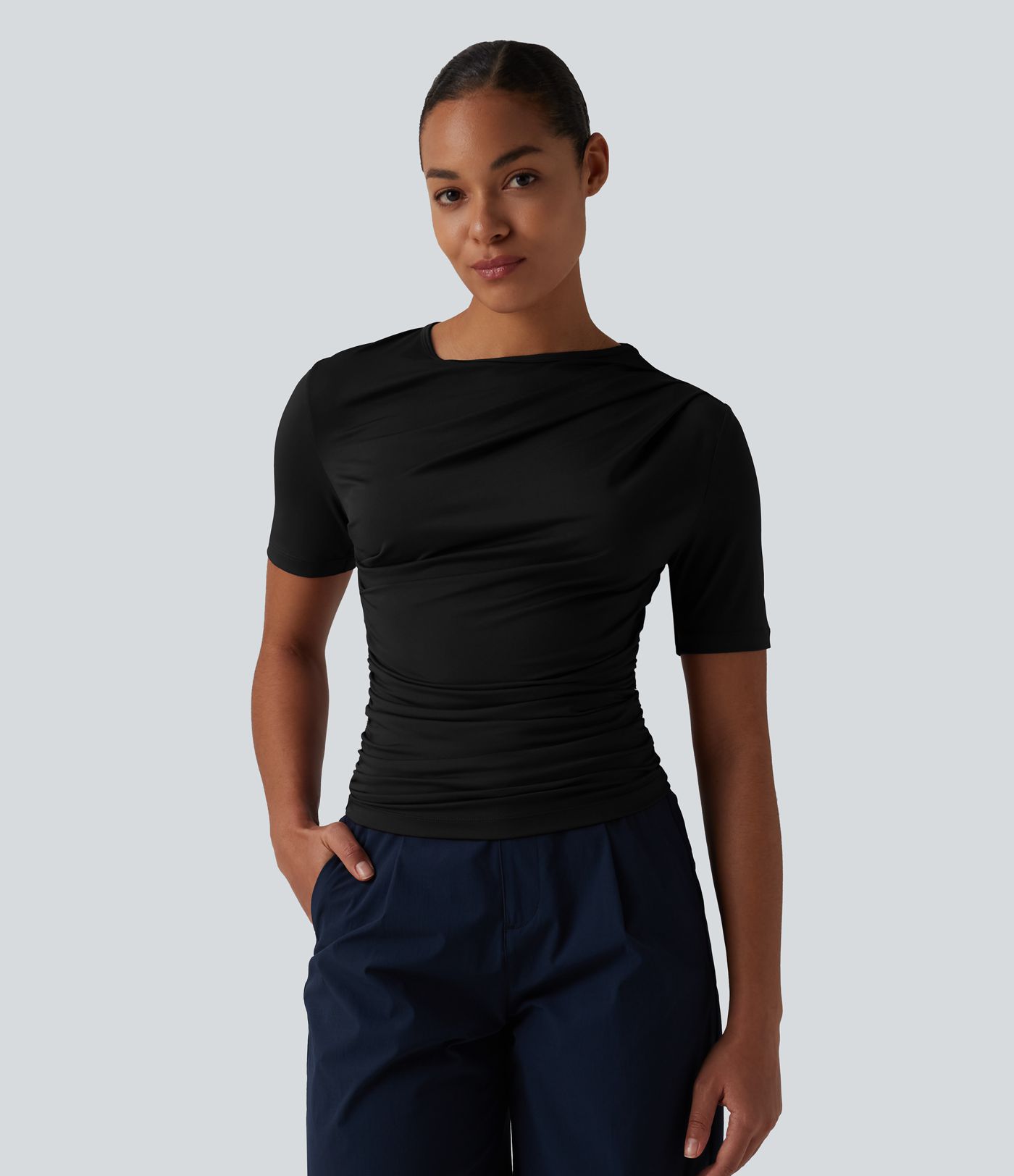 Asymmetric Neck Short Sleeve Ruched Casual T-Shirt