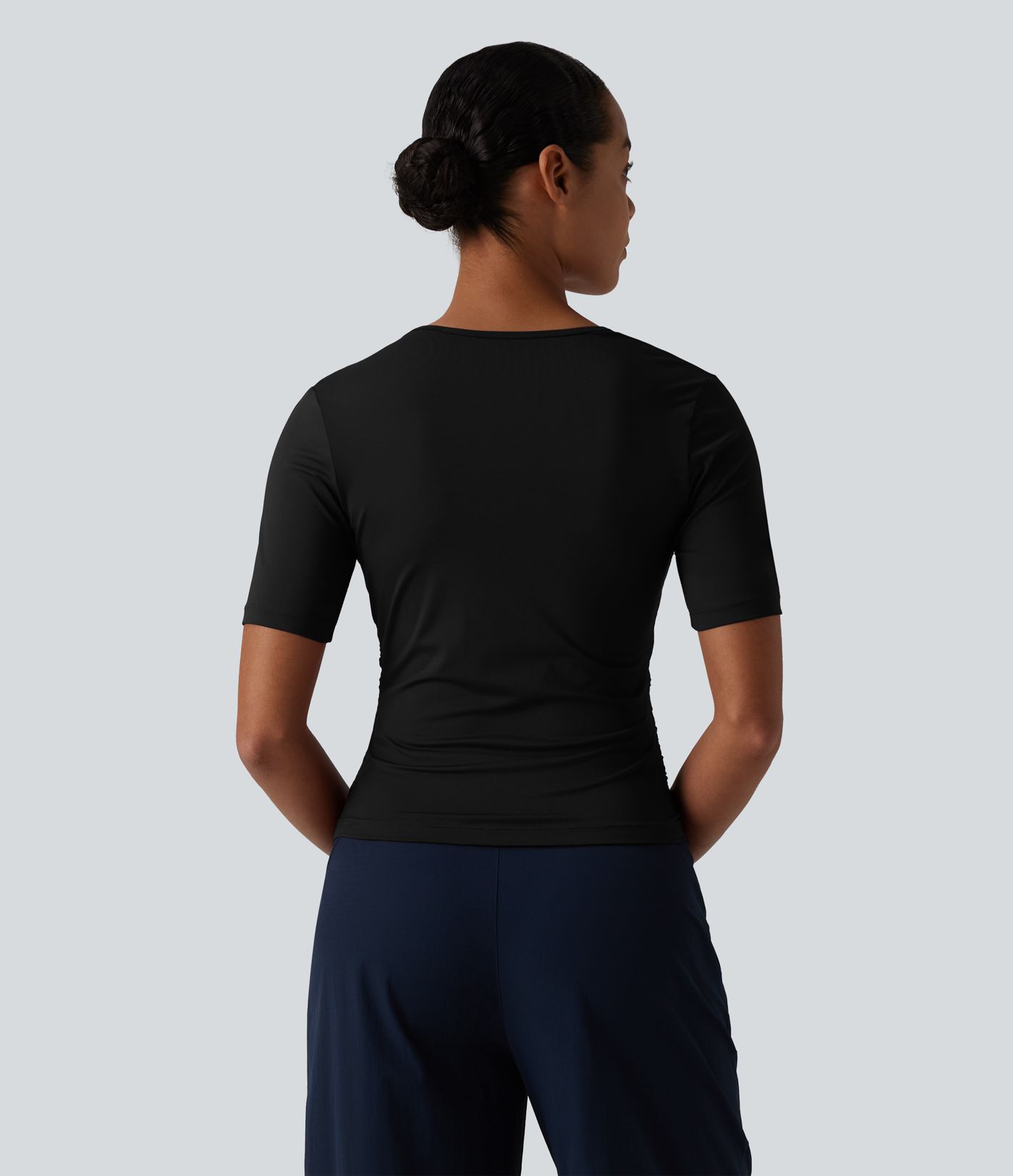 Asymmetric Neck Short Sleeve Ruched Casual T-Shirt