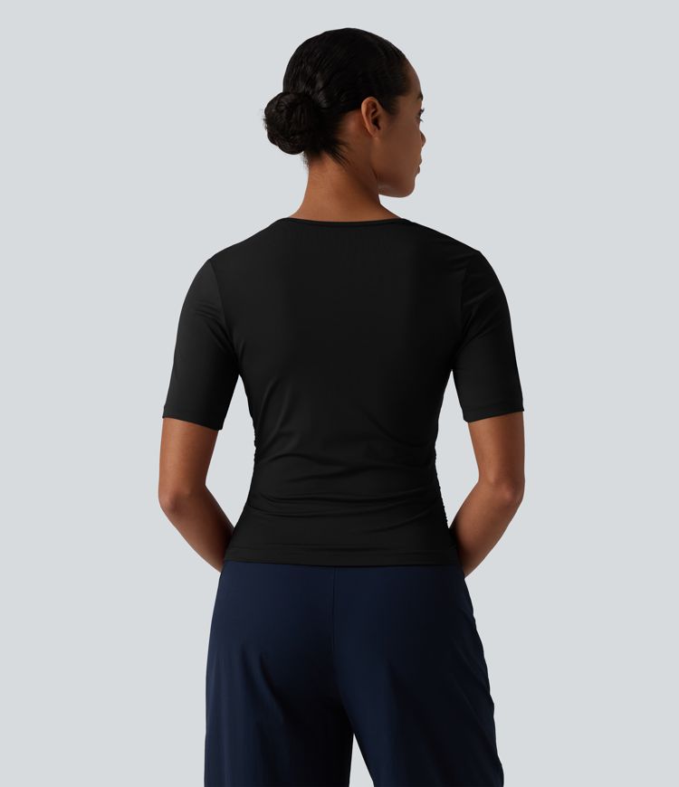 Asymmetric Neck Short Sleeve Ruched Casual T-Shirt