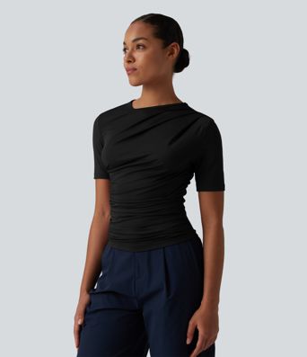 Asymmetric Neck Short Sleeve Ruched Casual T-Shirt