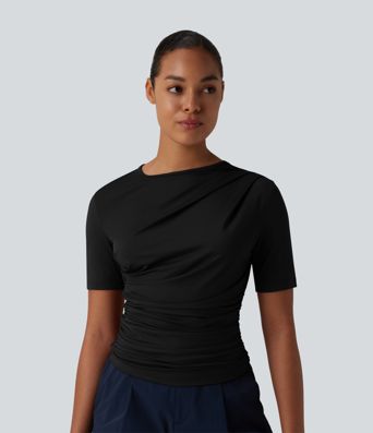 Asymmetric Neck Short Sleeve Ruched Casual T-Shirt