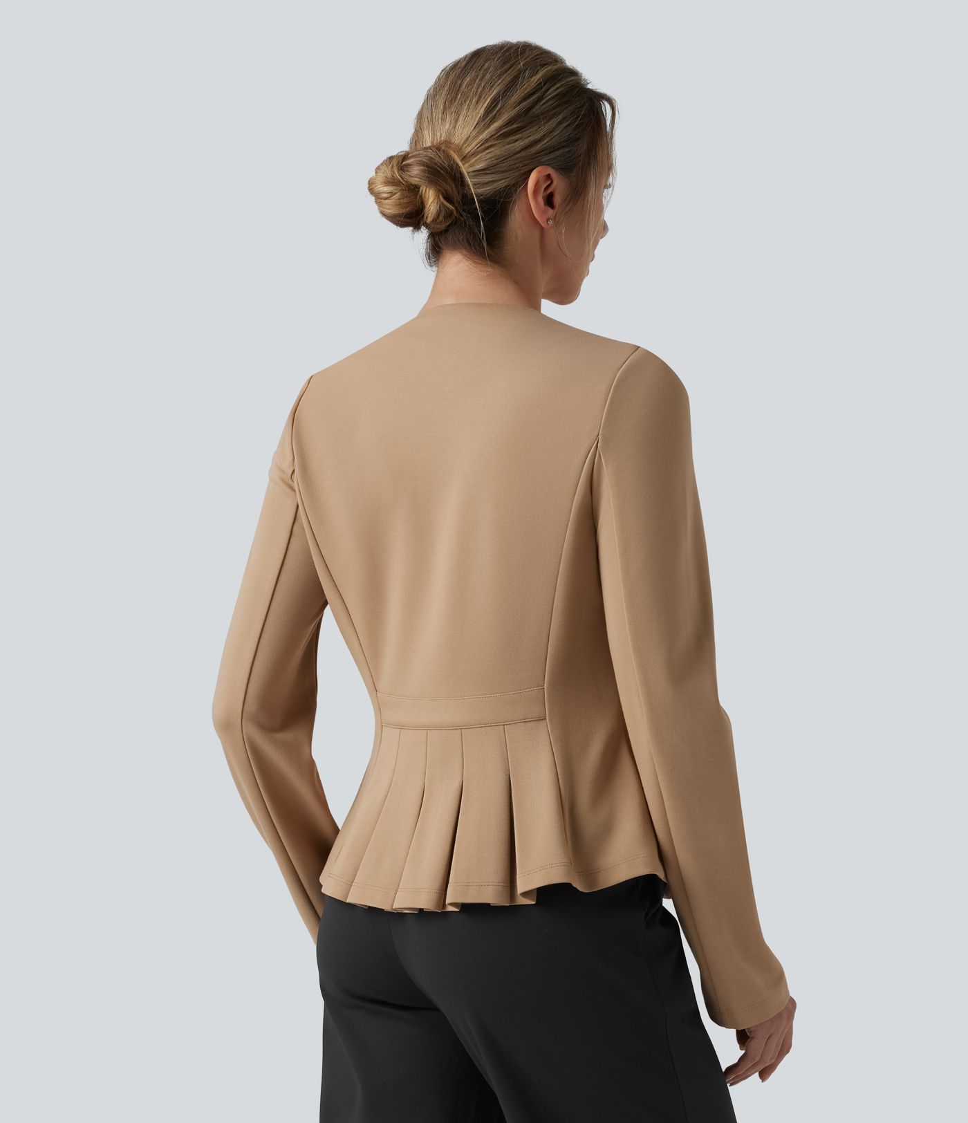 SculptKnit Round Neck Decorative Button Pleated Hem Work Blazer