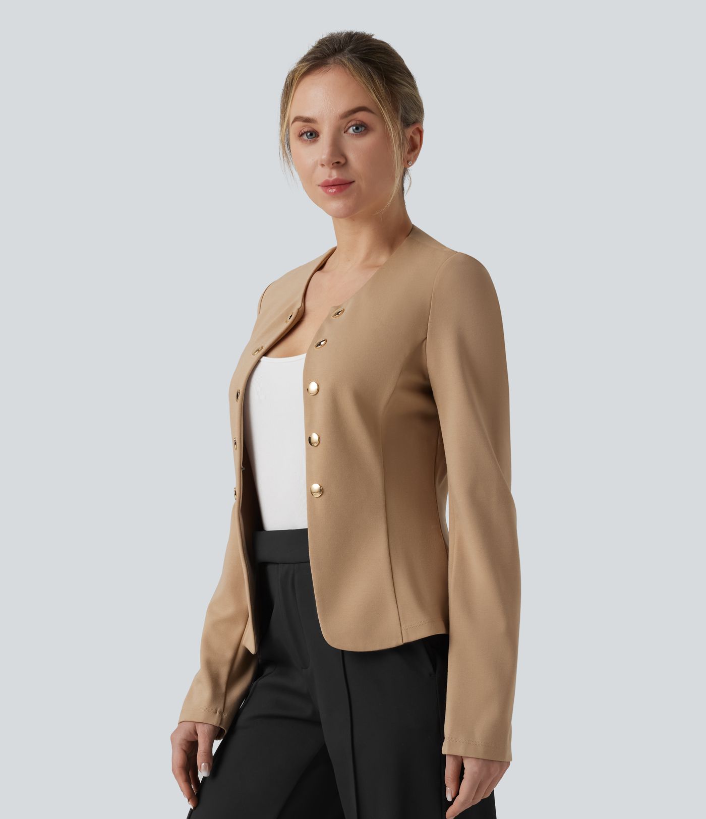 SculptKnit Round Neck Decorative Button Pleated Hem Work Blazer