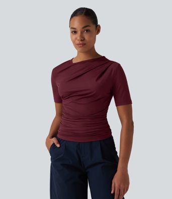 Asymmetric Neck Short Sleeve Ruched Casual T-Shirt