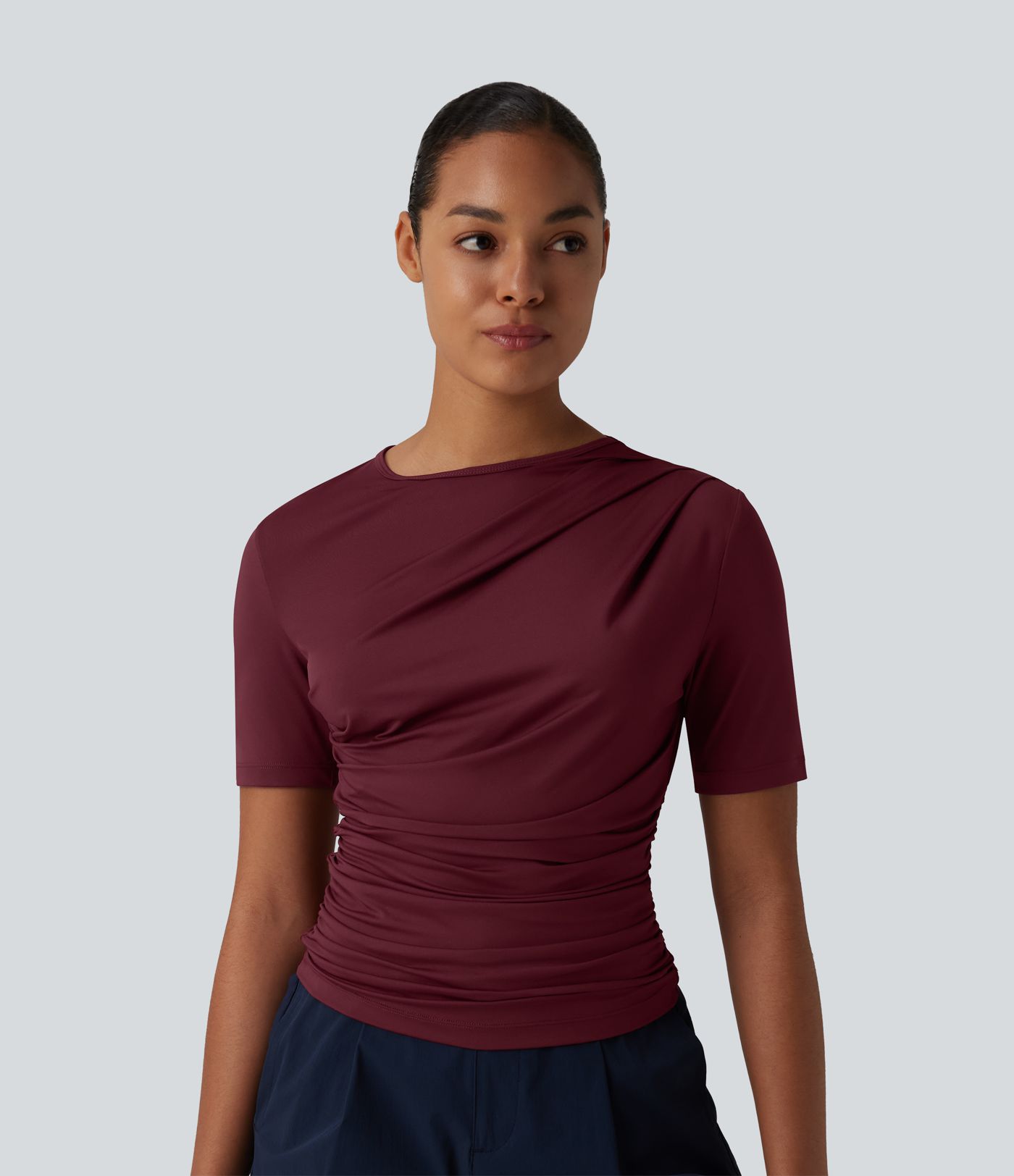 Asymmetric Neck Short Sleeve Ruched Casual T-Shirt