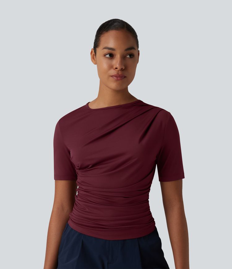 Asymmetric Neck Short Sleeve Ruched Casual T-Shirt