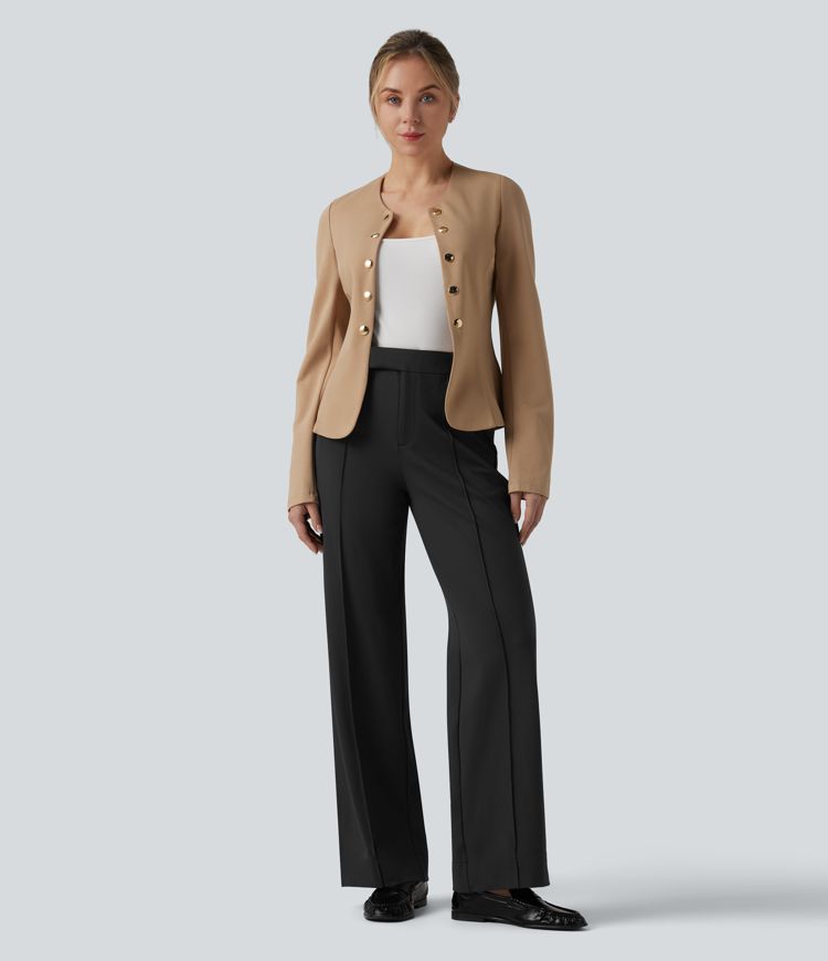 SculptKnit Round Neck Decorative Button Pleated Hem Work Blazer