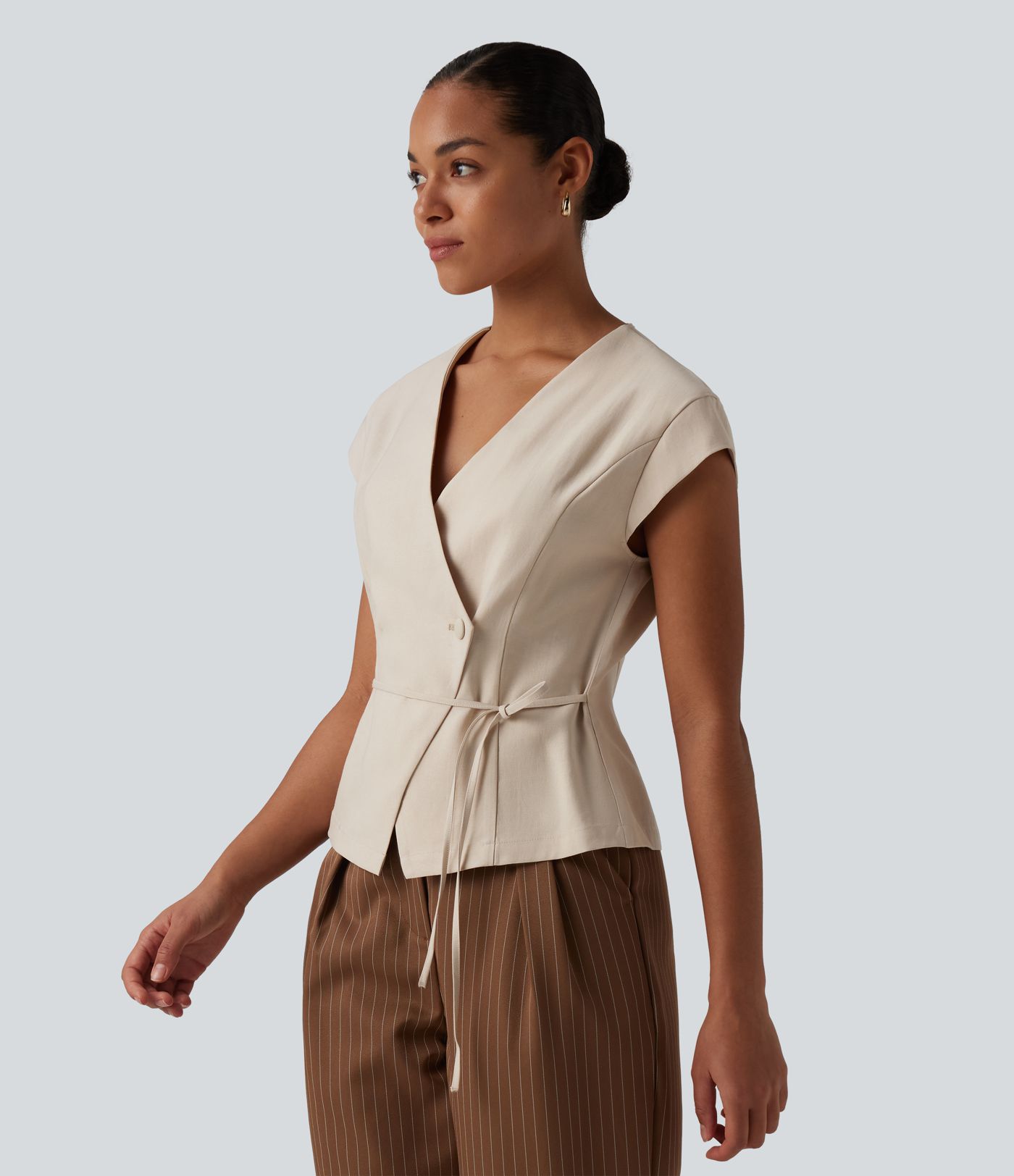 V Neck Short Sleeve Tie Front Work Linen-Feel Blouse