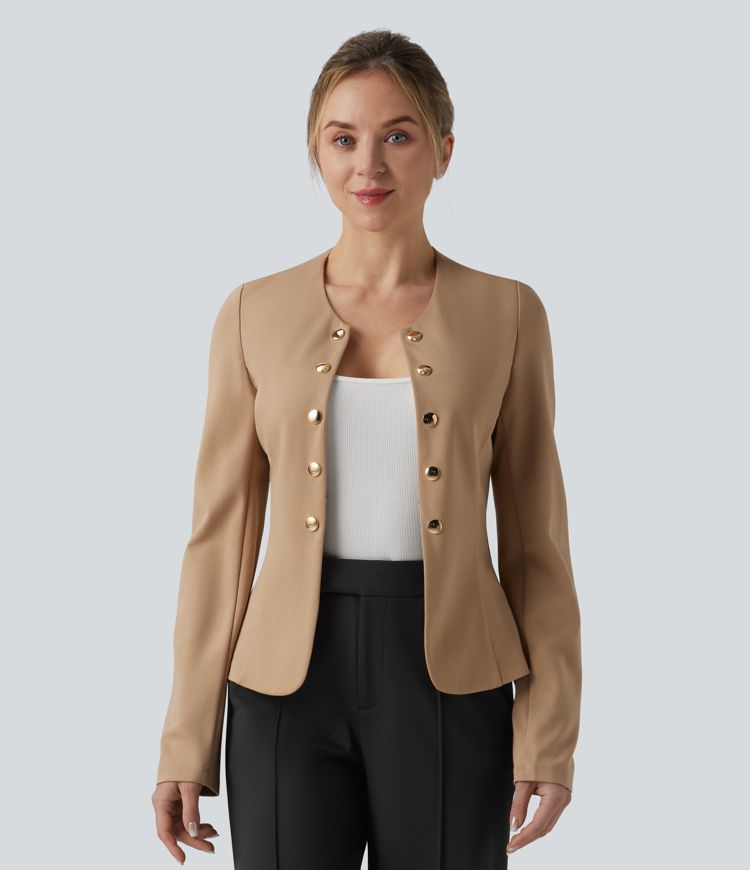 Blazer de travail col rond boutons décoratifs ourlet plissé