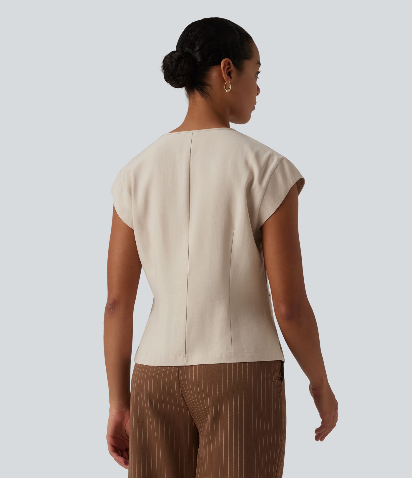 V Neck Short Sleeve Tie Front Work Linen-Feel Blouse