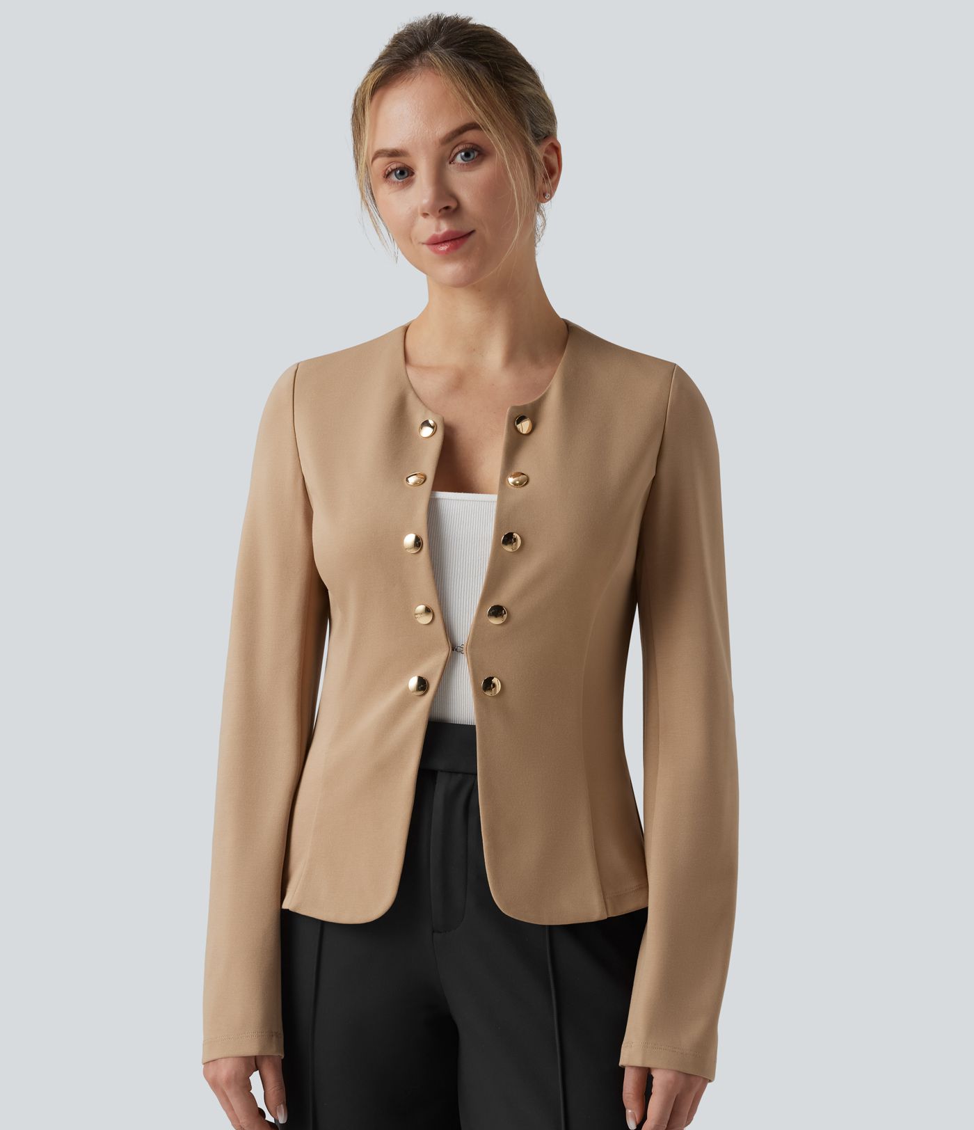 SculptKnit Round Neck Decorative Button Pleated Hem Work Blazer