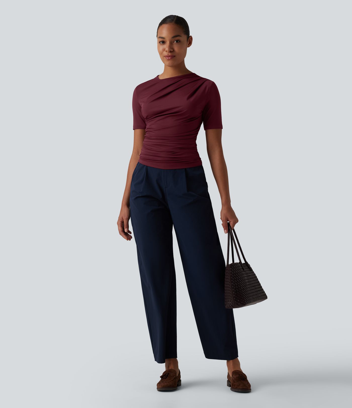 Asymmetric Neck Short Sleeve Ruched Casual T-Shirt