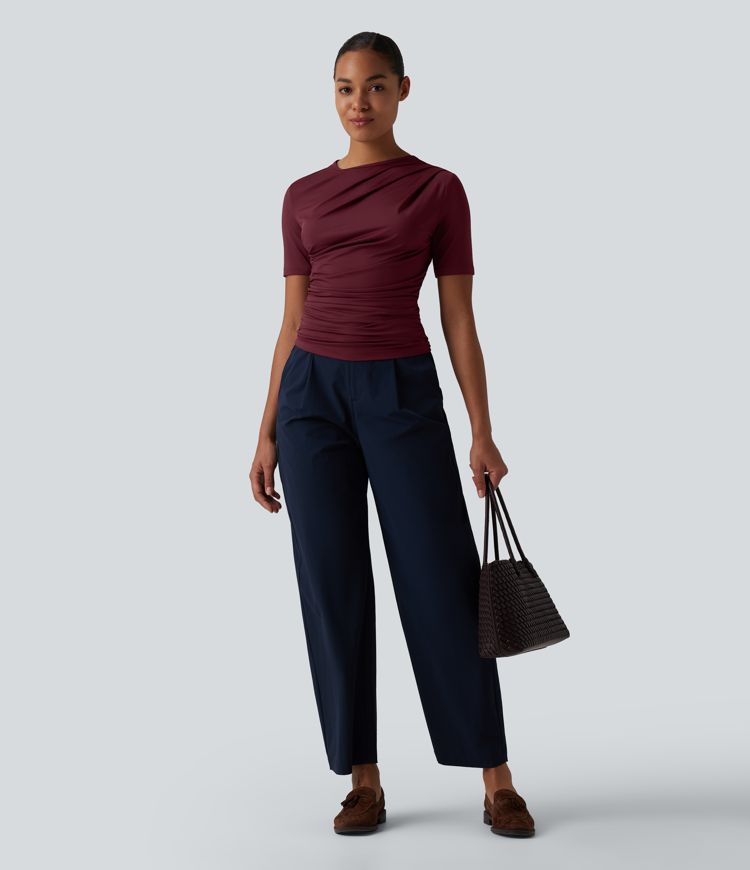 Asymmetric Neck Short Sleeve Ruched Casual T-Shirt